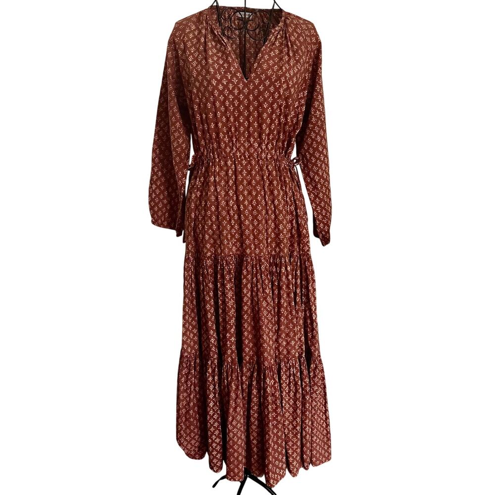 Nani Pani Sahara Russet Print Boho Prairie Cotton Maxi Dress Pull Tie Waist M/L